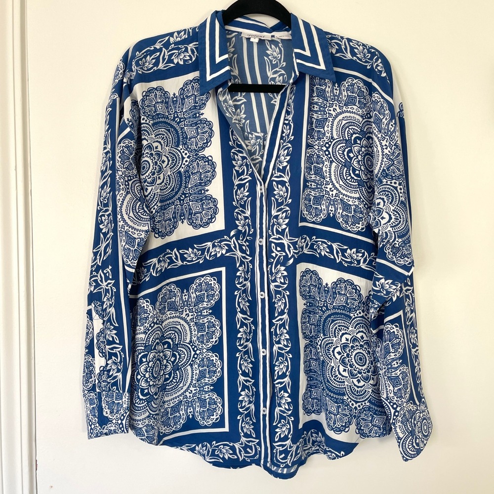 Tolani Onika Arabesque Top Blue White Long Sleeve Button Up Women's Size Small - Picture 2 of 9